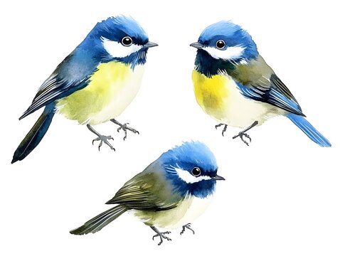 Watercolor Blue Tit Birds  Cute Avian Wildlife Illustration