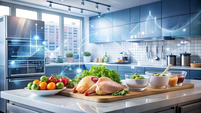 A modern kitchen scene featuring fresh vegetables, chicken, and bowls of ingredients on the counter, with digital graphs and data overlays symbolizing advanced cooking or food technology