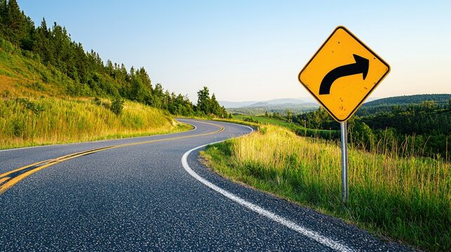 A bright yellow road sign warning drivers of a sharp curve ahead.