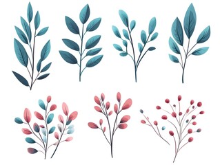 Elegant Floral Branches  Teal   Pink Botanical Illustrations