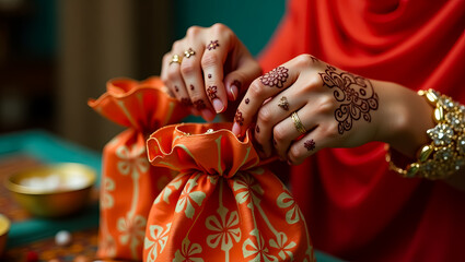 Fototapeta premium Elegant Woman Hands with Henna Applying Jewelry into Orange Gift Bags Festive Celebration Indian Culture Traditional Design Beautiful Ornament 