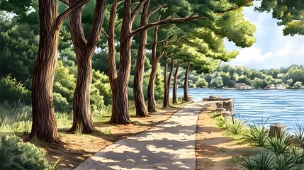 Serene Lakeside Path  Summer Trees  Watercolor Landscape