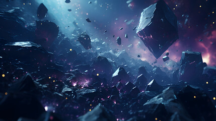 Rocky landscape with an array of rocks and boulders set against the backdrop of a cluster of white dwarf stars glowing in deep space.