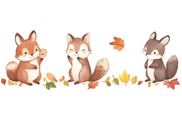 Cute Watercolor Squirrels Autumn Leaves Fall Season