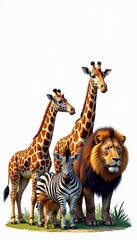 Colorful safari animals including elephant, giraffe, zebra, and lion on white background, wildlife, jungle, cute