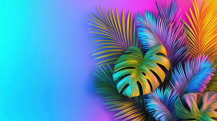 Vibrant tropical leaves in colorful gradient background create lively and modern design. mix of blues, pinks, and yellows adds dynamic and artistic touch