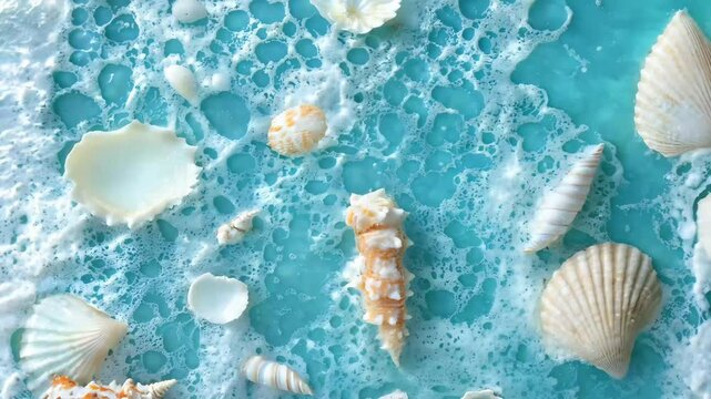 A collection of various seashells floating on delicate ocean foam, creating a serene and refreshing coastal scene. The intricate details of the shells combined with the soft bubbles evoke a sense 
