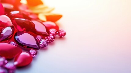 A vibrant collection of red and pink gemstones is artfully displayed on a subtle surface under bright lighting conditions