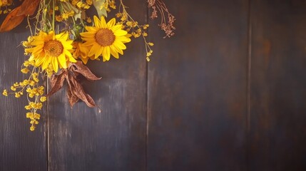 Bright sunflowers and textured dried leaves are arranged against a dark wooden backdrop, evoking a warm, autumnal vibe in a simple composition