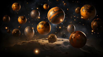 Fototapeta premium A conceptual art piece depicting planets gracefully floating through the air surrounded by dim question marks evoking cosmic curiosity and wonder.