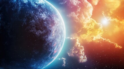 Obraz premium A close-up of a planet in space, with colorful clouds and a glowing atmosphere.