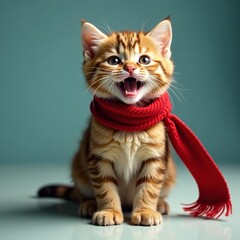 Cute little kitty happily tangled up in a red scarf, playful and charming, kitten, scarf, adorable