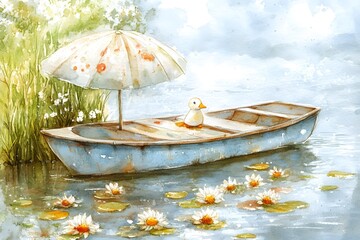 Fototapeta premium Serene Watercolor Painting Duck in Rowboat on Lily Pad Pond