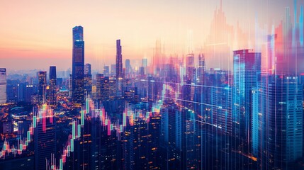 Fototapeta premium Urban Financial Growth Dynamic Cityscape with Financial Graph Overlay