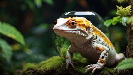 Fototapeta premium A vibrant gecko perched on a textured tree trunk, surrounded by lush green foliage.