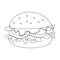 Delicious Line Art Burger Sesame Bun, Lettuce, Tomato, Cheese