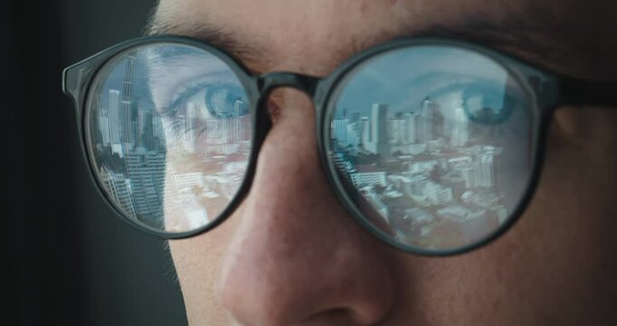 Man with glasses gazing at city vision, vision revealing dynamic skyline and progressive architecture, vision igniting forward-thinking mindset, ideal for modern urban storytelling.