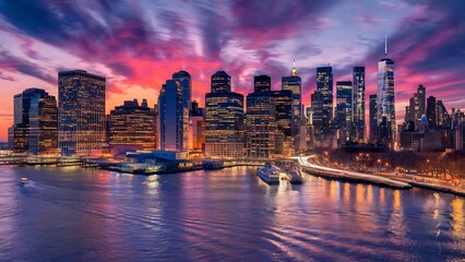 Fototapeta premium A breathtaking view of a modern city skyline at sunset, with vibrant colors painting the sky and reflecting on the river below