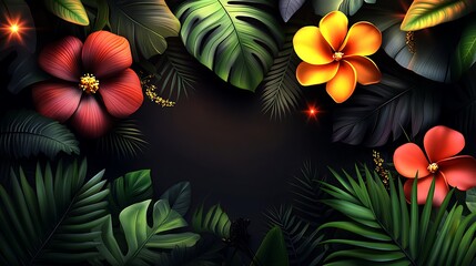 Tropical flowers and leaves frame on dark background.