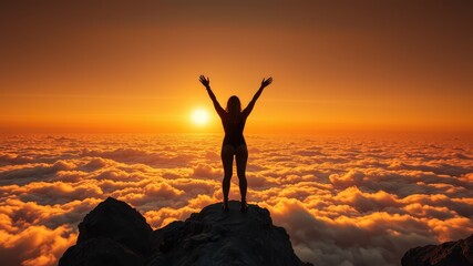 Fototapeta premium Success images, Silhouette of a young woman standing on a rock, sense of achievement, freedom, and success, 