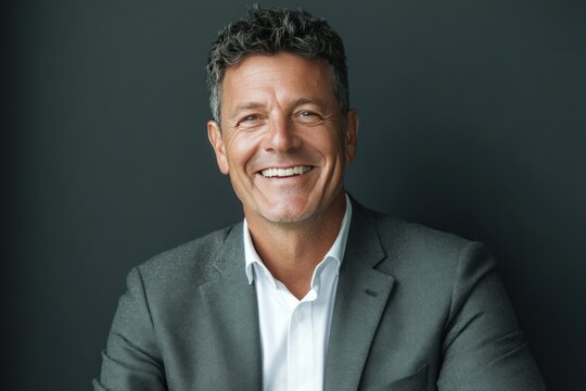 A happy and self-assured businessman, smiling broadly in a formal jacket, presenting a professional and approachable image for his business profile.
