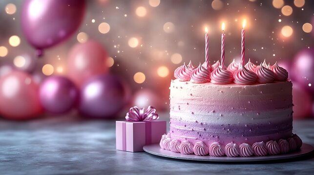 Pink ombre birthday cake with candles and gift.