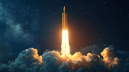 Naklejka premium Space rocket launching into starry night sky with clouds below. Exploration concept