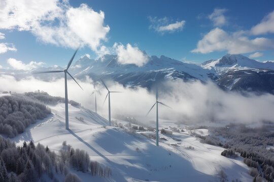 Snow-Covered Mountains with Wind Turbines: Harnessing Wind Energy in a Winter Landscape. Sustainable Energy and Natural Harmony