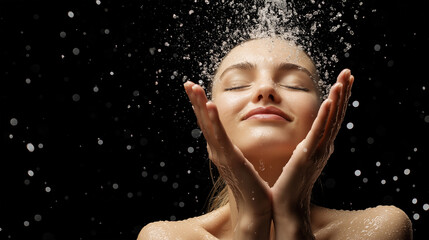 Fototapeta premium Woman Enjoying a Refreshing Shower with Water Spray.