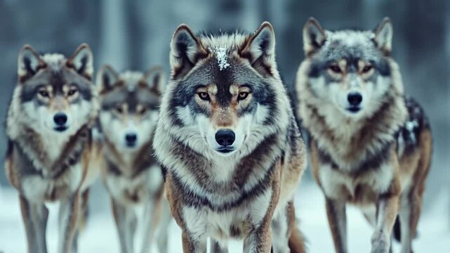 Eyes of the Pack: A striking close-up of a wolf pack, their intense gaze and powerful presence dominating the winter landscape, evoking a sense of wild beauty.