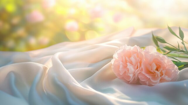 A delicate arrangement of pink flowers resting on soft fabric, illuminated by gentle sunlight, creating a serene and dreamy atmosphere. Mother's Day, maternal love, gratitude, family emotions