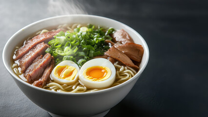 Steaming bowl of ramen with egg and green onions