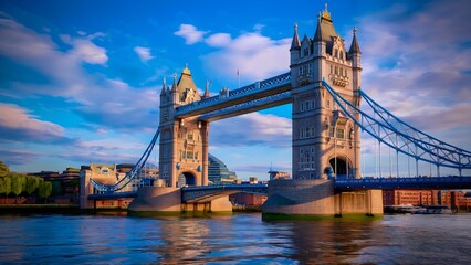 Obraz premium A stunning ultra-realistic image of the Tower Bridge in London, beautifully illuminated under a vibrant blue sky with soft clouds reflecting on the Thames River