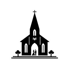 a minimalistic silhouette of a Church Wedding outline with a bold black line on a clean white background