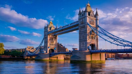 Obraz premium A stunning ultra-realistic image of the Tower Bridge in London, beautifully illuminated under a vibrant blue sky with soft clouds reflecting on the Thames River