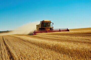Obraz premium A hardworking farmer driving a combine harvester through golden fields, a clear blue sky overhead.