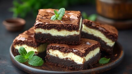 Delicious chocolate brownies with creamy white filling, garnished with mint leaves, served on a dark brown plate.