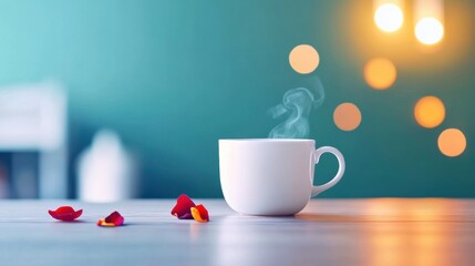 A warm cup of coffee rests on a wooden table, accompanied by delicate flower petals and soft glowing lights in the background
