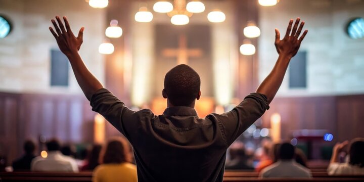 Man raised hands offers a prayer faith, hope under light of heaven, seeking god's help. People gather in a church on Good Friday to worship, pray, and believe in grace love of Jesus Christ Easter.