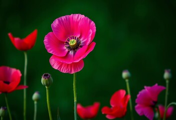 Dark green backdrop, vibrant pink poppy, red and purple poppy accents,  background, advertisement