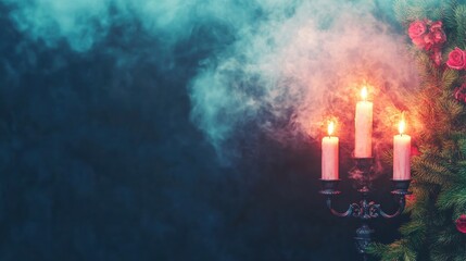 Obraz premium Flickering candles cast warm light as smoke swirls around roses, adding an enchanting touch to the elegant setting of the room