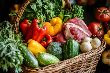 A healthy grocery basket filled with vegetables, grains, and a small selection of ethically sourced meat.