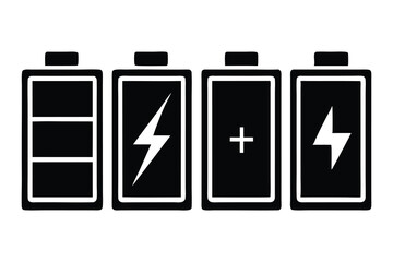 Set of battery icons showing different charge levels in green, red, and black with energy and power symbols, isolated on a white background in a 3D vector illustration style