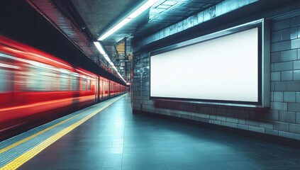 Empty billboard in a subway station with a passing train