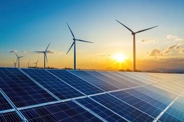 A high-angle shot of solar panels and wind turbines with the sun setting in the background, symbolizing green energy.