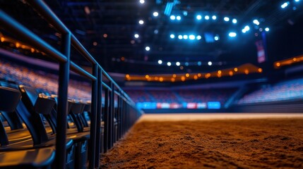 Indoor arena seating, blurred view of the arena floor, lights, and spectators