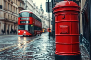 Fototapete Rund A vibrant red British postbox standing proudly on a cobblestone street, classic London double-decker bus in the background. © HO