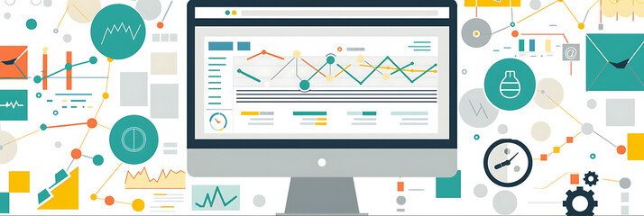 A computer monitor displays a dashboard with various graphs, charts, and icons connected by lines, illustrating data analysis and information flow.

