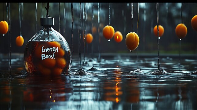Energy boost elixir in glass orb, surrounded by floating fruits and water droplets.