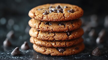 Stack of four delicious chocolate chip cookies.
